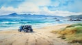 Watercolor Painting Of Enclosed Go-kart On Beach With Turquoise Sky