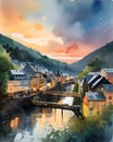 Evening mood in Monschau. Generative AI Royalty Free Stock Photo