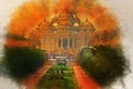 Watercolor painting of facade of a temple Akshardham in Delhi, India