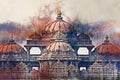 Watercolor painting of facade of a temple Akshardham in Delhi, India