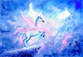 Watercolor Painting - Fantastic Unicorn Jumping Into The Sky