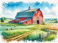 Watercolor Painting Farmland Red Barn Scene Pastel Colored Springtime Country AI Generate Royalty Free Stock Photo