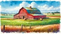 Watercolor Painting Farmland Red Barn Scene Pastel Colored Springtime Country AI Generate Royalty Free Stock Photo