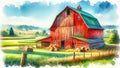 Watercolor Painting Farmland Red Barn Scene Pastel Colored Springtime Country AI Generate Royalty Free Stock Photo