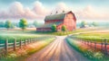 Watercolor Painting Farmland Red Barn Scene Pastel Colored Springtime Country AI Generate Royalty Free Stock Photo