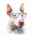 Spunky and Fun: A Bull Terrier Puppy in Watercolor with Headband, Bandana and Glasses AI Generated