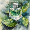A watercolor of perfume in a glass bottle with green leaves Royalty Free Stock Photo