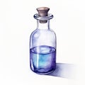 Dreamlike Watercolor Painting Of Glass Bottle With Blue Liquid