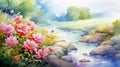 Watercolor Landscape With Pink Flowers On Stream