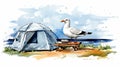 Outdoorsy Seagull And Tent Watercolor Painting