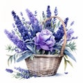 Serene Watercolor Painting Of Lavender Flowers In A Basket Of Roses