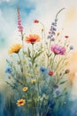 watercolor painting of a field of wildflowers on a rough