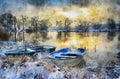 Watercolor painting of fisher boats on havel river winter landscape. snowy. sunset Royalty Free Stock Photo