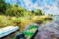 Watercolor painting of fisher boats at hohennauener lake in havelland region germany. reed and waves. summer time Royalty Free Stock Photo