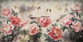 Watercolor painting of flowers surrounding the lake with a pair of white geese in vintage style for wall painting