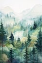 Watercolor painting of a foggy valley with coniferous trees and mountains. Vertical printable wall art Royalty Free Stock Photo