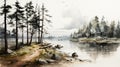 Watercolor Painting Of Forest And Lake: Detailed, Primitivist Realism Artwork