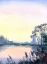 Watercolor painting. Forest landscape. House on the lake