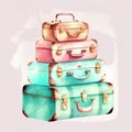 Watercolor Painting of Four Retro Vintage Suitcases