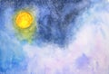 Watercolor galaxy full moon, clouds and stars Royalty Free Stock Photo