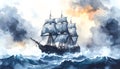 Watercolor painting of a ghost ship emerging from storm clouds, skeleton crew visible, Pirateship Royalty Free Stock Photo