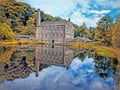 Watercolor painting of gibson mill a water powered mill with main bulding relected in the pond in hardcastle crags near hebden Royalty Free Stock Photo