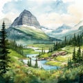 Watercolor Painting Of Glacier Mountains And Logan Pass
