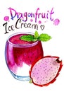 Watercolor painting of Glass with dragonfruit ice cream.