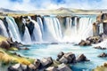 Watercolor painting of Godafoss waterfall, Iceland, Europe Royalty Free Stock Photo