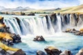 Watercolor painting of Godafoss waterfall, Iceland, Europe Royalty Free Stock Photo