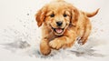 Watercolor painting of a golden retriever puppy running, AI Royalty Free Stock Photo