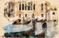 Watercolor painting of gondolas in Venice, Italy,  in front of a elaborated venetian golden palace Royalty Free Stock Photo