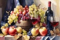 Watercolor painting of grapes, apples, and wine on a table.