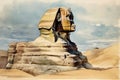 Watercolor painting of The Great Sphinx, Giza in Egypt.