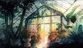 watercolor painting of greenhouse by generative AI