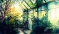 watercolor painting of greenhouse by generative AI