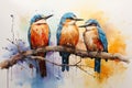 Watercolor painting of a group of kingfishers sitting on a branch AI Generated Generative AI