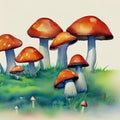 A watercolor painting of a group of mushrooms perched over a lush green meadow, fantasy art, illustration. Royalty Free Stock Photo