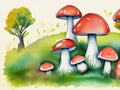 A watercolor painting of a group of mushrooms perched over a lush green meadow, fantasy art, illustration. Royalty Free Stock Photo