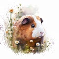 A red-brown guinea pig sits on a chamomile field. Watercolor guinea pig.