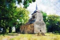 Watercolor painting of half timbered church in village Stechow in Havelland Brandenburg region Germany Royalty Free Stock Photo