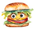 Watercolor and painting Hamburger cheese cartoon for food illustration