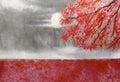 watercolor painting hand-drawn full moon and red maple tree field mountains fog landscape. Royalty Free Stock Photo