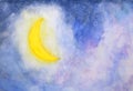 Watercolor galaxy half moon, clouds and stars Royalty Free Stock Photo