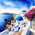 watercolor painting by hand of the Santorini painting of a scene with white a a blue bougainvillea a blue Greek and