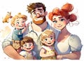 Watercolor painting of happy cartoon family portrait. Father, mother and children Royalty Free Stock Photo