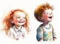 Watercolor painting of happy laughing little kids, boy and girl, isolated on white