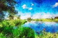 Watercolor painting of havel river landscape in summer time. willow tree on shore and clouds in sky