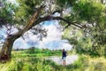 Watercolor painting of Havel river landscape. Woman watching the water in river while standing under an old willow tree Royalty Free Stock Photo