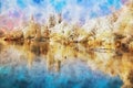 Watercolor painting of havel river winter landscape. snowy. birds on the water. Havelland Royalty Free Stock Photo